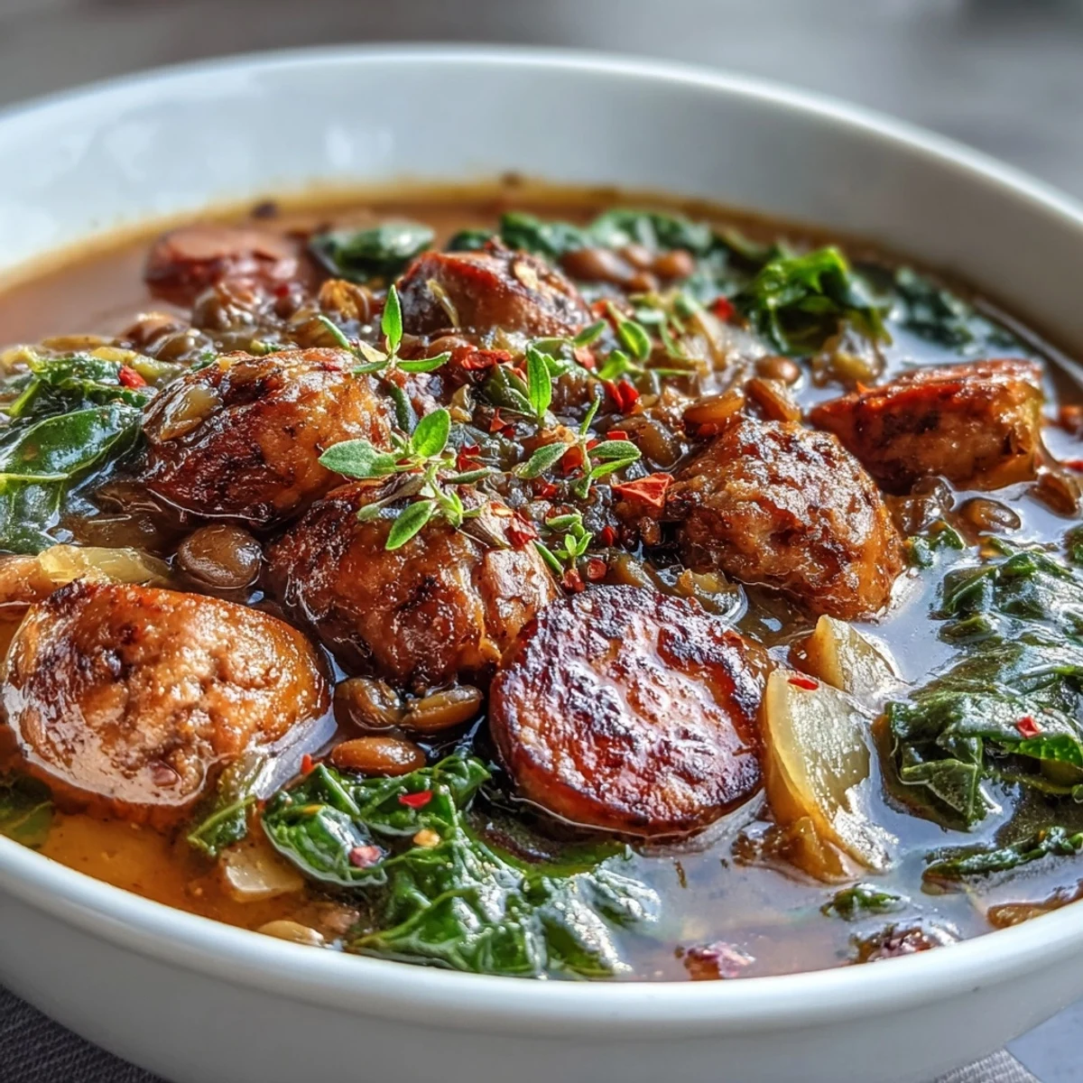 Un bol fumant de soupe de saucisson épicé et lentilles avec chou frisé, offrant des saveurs riches et réconfortantes dans chaque cuillerée.