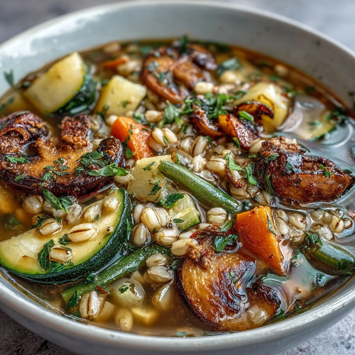 Un bol réconfortant de soupe rustique aux légumes et orge, garni de champignons dorés et de légumes colorés, parfait pour les journées fraîches.