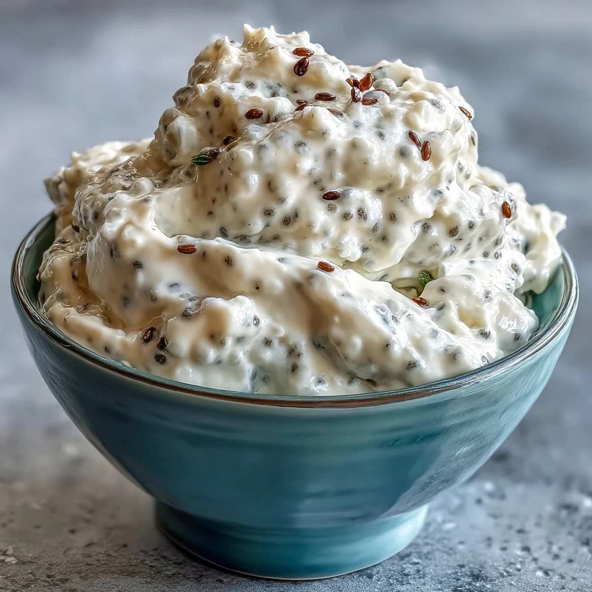 Pudding onctueux au yaourt grec, graines de chia et vanille, parsemé de granola croquant et de miel.
