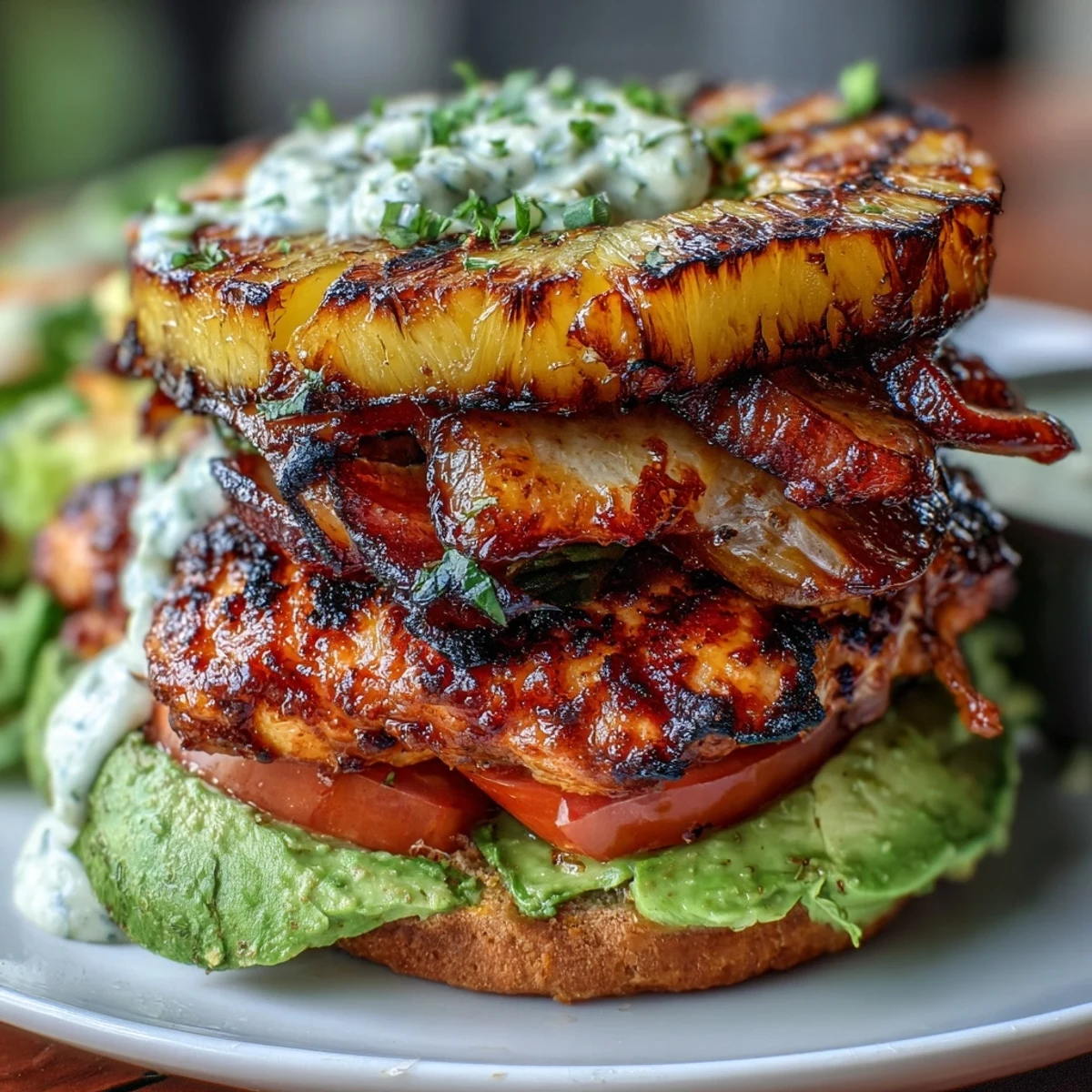 Empilages de poulet grillé juteux sur ananas caramélisé, oignon rouge et avocat, garnis d'herbes fraîches et d'un filet de mayonnaise pour une bouchée colorée.