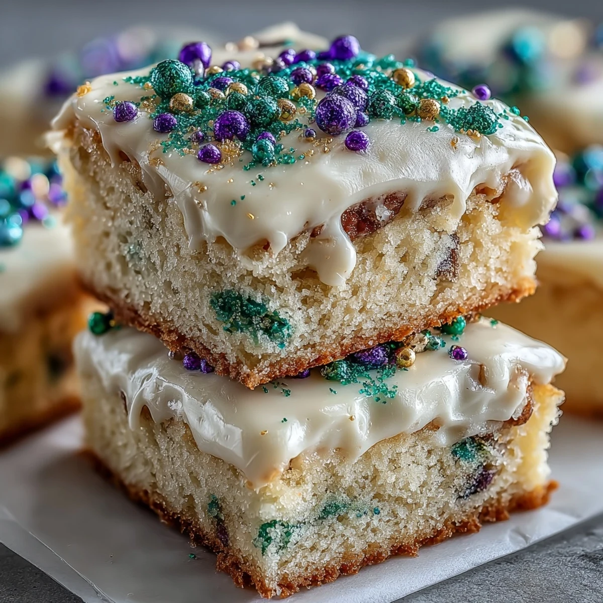 Gourmandises festives : barres de cookies sucrés au glaçage coloré et aux paillettes vives, parfaites pour Mardi Gras.