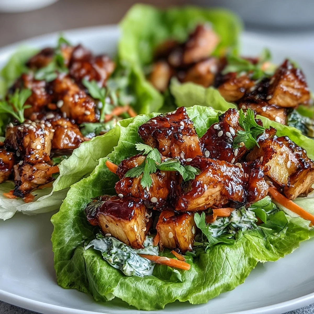 Wraps de laitue asiatiques au poulet teriyaki et ananas : feuilles de laitue fraîches enveloppant un mélange de poulet teriyaki, d'ananas sucré et de légumes croquants.