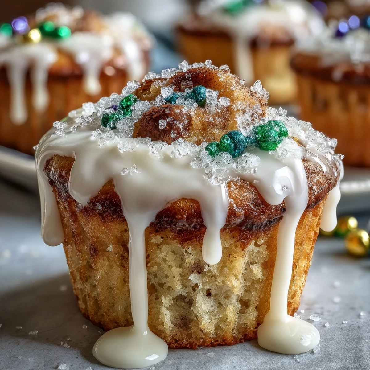 Mini King Cake Cupcakes avec sucre coloré, festifs et parfaits pour Mardi Gras, avec une spirale de cannelle et un glaçage sucré.  