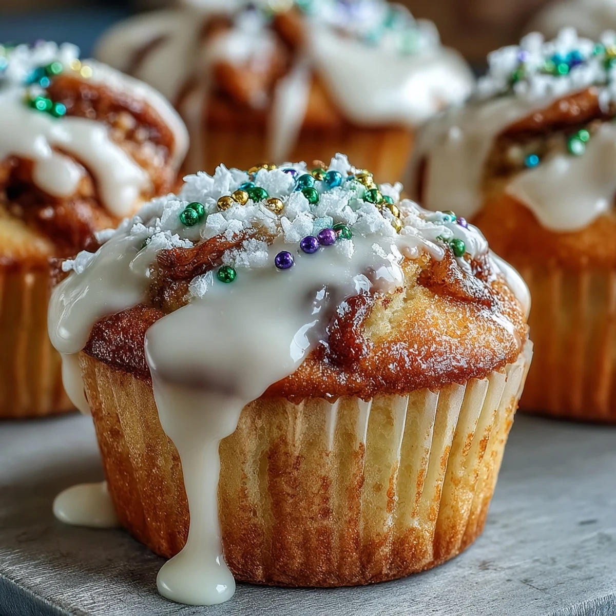 Délicieux cupcakes au goût de cannelle et décorés de sucre coloré, idéaux pour célébrer Mardi Gras en petites bouchées.