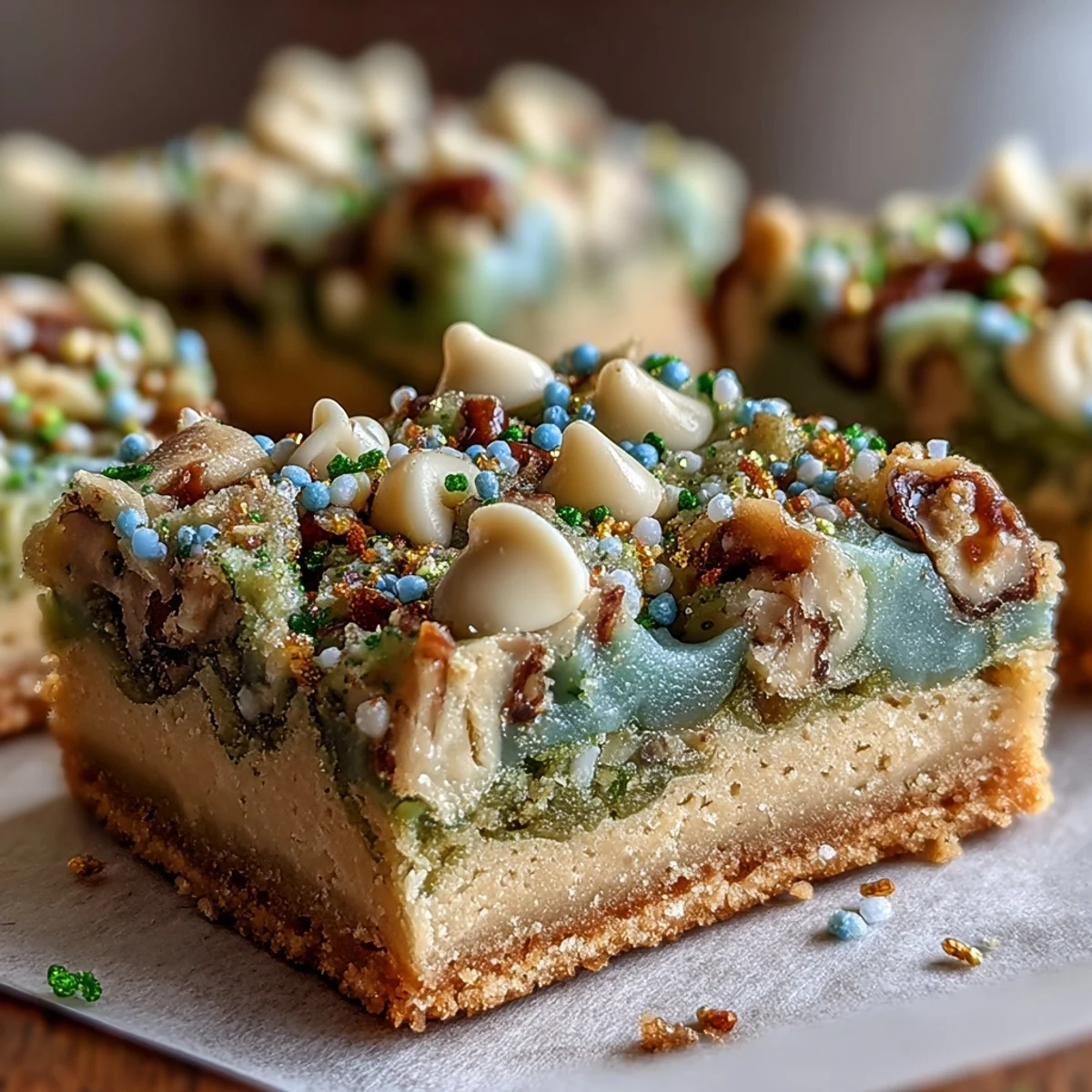 Barres de biscuits festives de la Saint-Patrick avec des couches de pépites de chocolat blanc et de vermicelles arc-en-ciel.