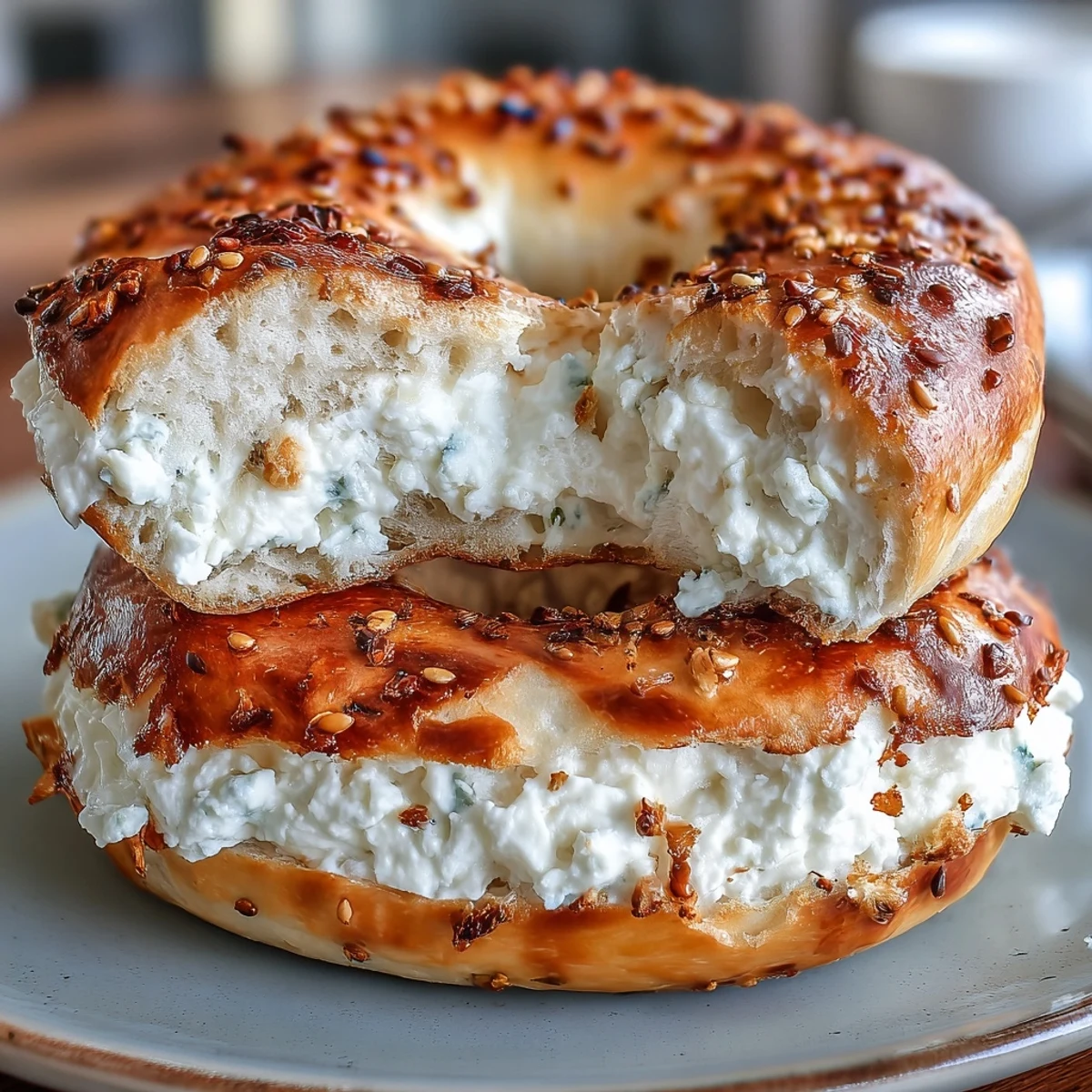 Bagels moelleux et riches en protéines à base de fromage cottage, dorés et parsemés de graines de sésame, prêts à être dégustés.