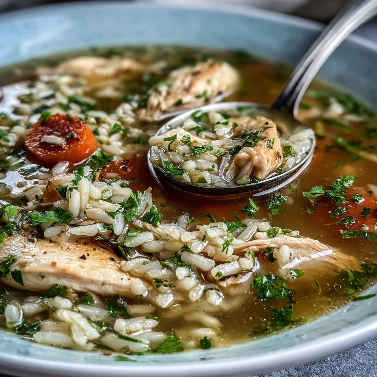 Vue rapprochée d'une cuillère dans une soupe au poulet et riz fumante, révélant du poulet juteux, du riz tendre et des carottes vives dans un bouillon clair.