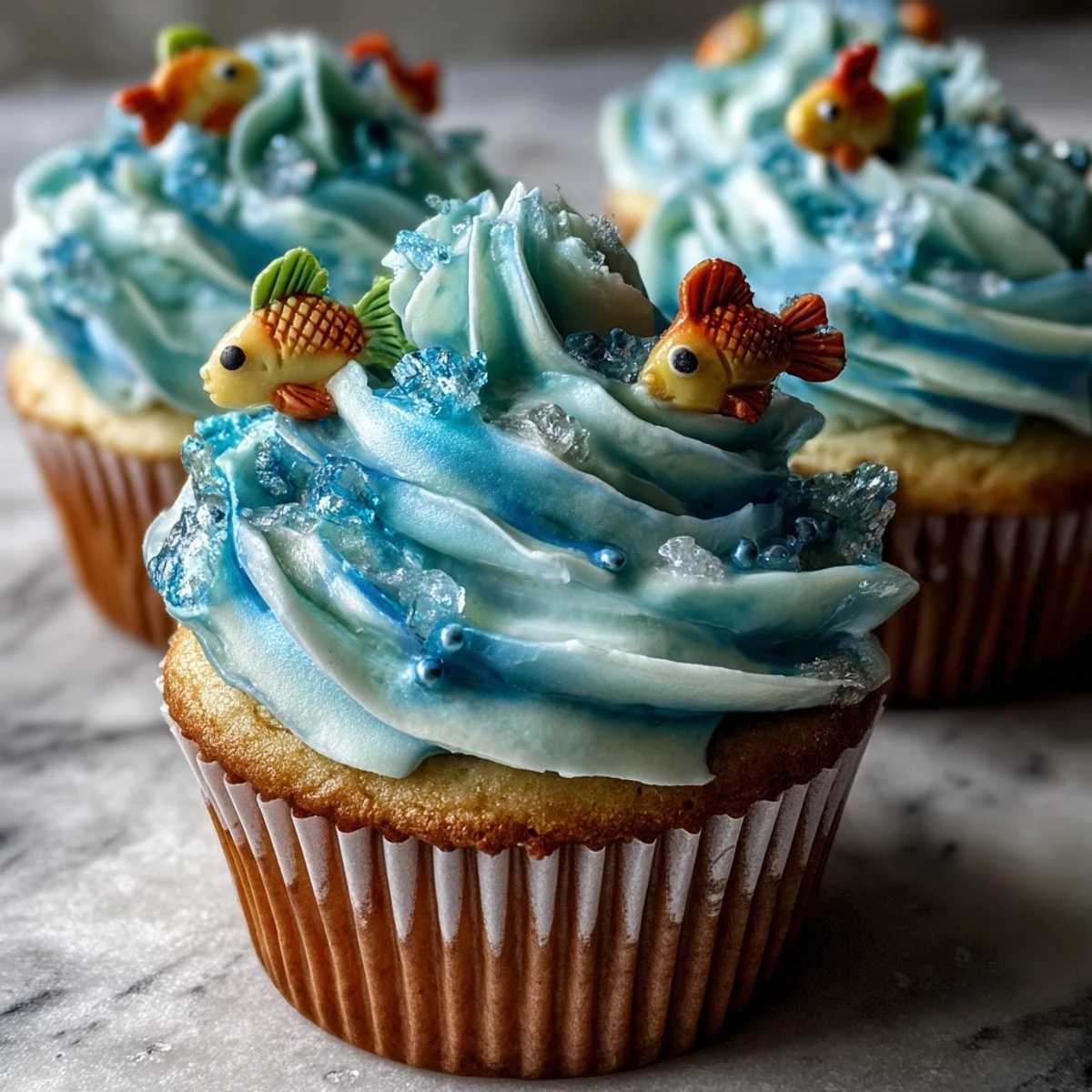 Cupcakes fantaisie Poissons : glaçage bleu crémeux et toppers poissons fondant, une recette américaine festive.
