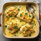 Plate of food with lemon slices and cheese.