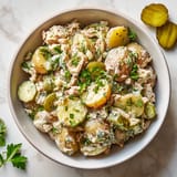 Une assiette contenant une salade de légumes et de viande.