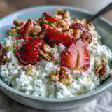 Bol de petit-déjeuner au fromage blanc avec fraises et granola, crémeux et garni de fruits rouges sucrés et de granola croustillant.