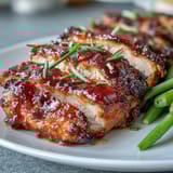 Poulet miel-moutarde doré au four, servi avec des haricots verts tendres et parfumés au citron, prêt en 35 minutes.