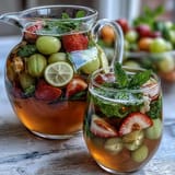 Jolie sangria printanière sans alcool aux raisins blancs et agrumes, servie dans un grand pichet avec des fruits frais et de la menthe.