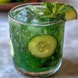 Eau fraîche verte concombre menthe légère servie sur glace avec garniture fraîche pour une hydratation quotidienne.