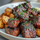 Des bouchées de steak juteuses à l'ail et au beurre, servies sur des pommes de terre rôties.