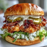 Sandwichs écrasés au poulet mariné dans la saumure de cornichons, avec laitue croquante et fromage doré.
