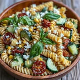 Salade d'été aux tomates et maïs, garnie de basilic frais, prête à servir.
