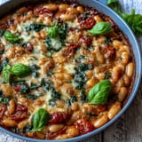 Savoureux skillet de haricots blancs à la tomate et au parmesan, parfait pour un dîner rapide.