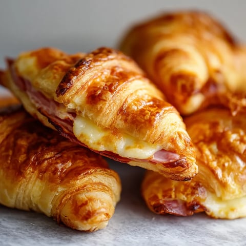 Quatre croissants pétillants, avec du fromage et du jambon, sont disposés sur une table.