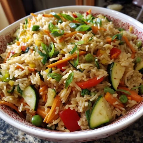 Une assiette de riz avec des légumes colorés tels que des carottes, des poivrons, des haricots verts et des cucumbers.