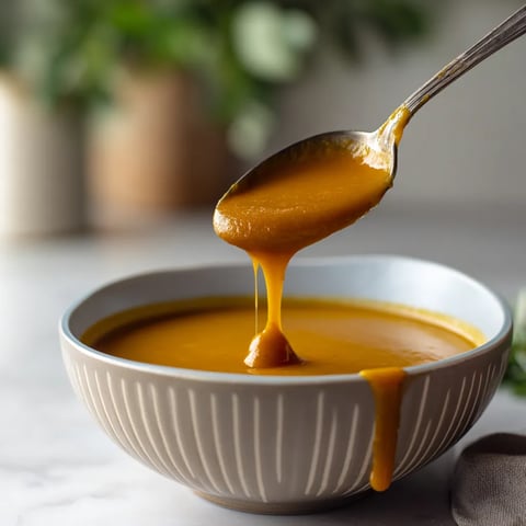 Une cuillère de sauce est dans un bol de soupe.