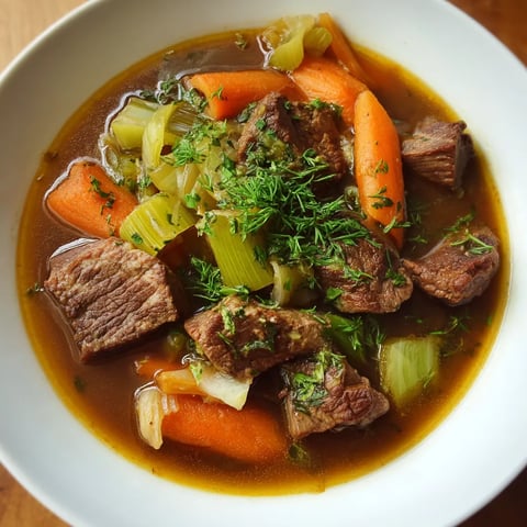 Une assiette de bouillon avec des légumes et des viandes.