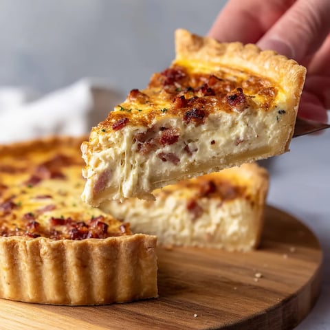Une personne tire une tranche de quiche.