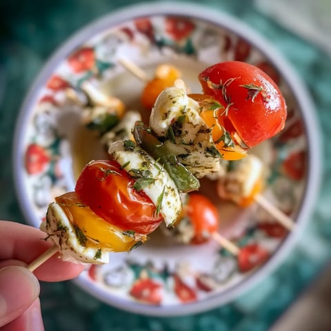 Un plat contenant des brochettes de tomates et de fromage.