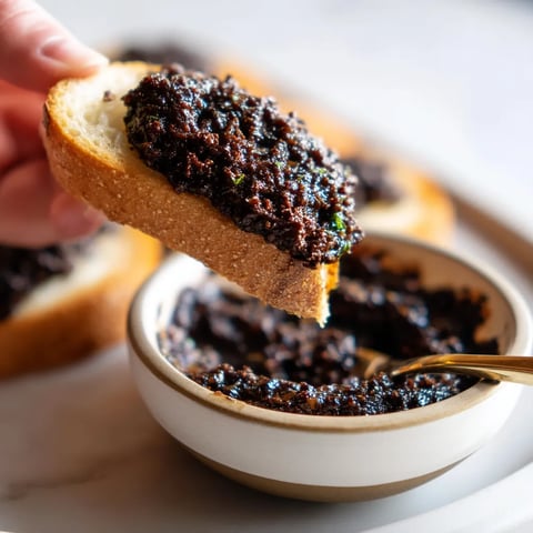 Une main tire une tranche de pain grillé et le place dans un bol contenant une sauce noire.