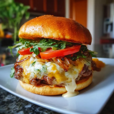 Un sandwich de hamburger avec des légumes et du fromage sur une plaque de verre.