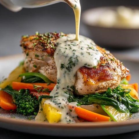 Une assiette de viande avec des légumes et des sauces.