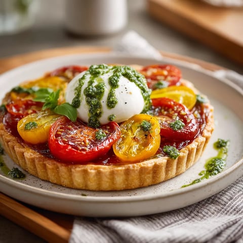 Une tarte fine aux tomates anciennes, burrata et pesto de basilic.