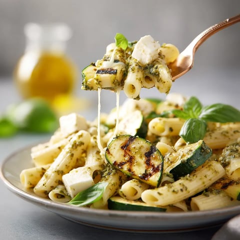 Une assiette de spaghetti avec des légumes verts.