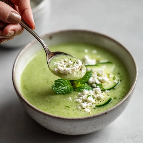Une personne tire une cuillère de son assiette contenant une soupe verte avec des herbes et des légumes.