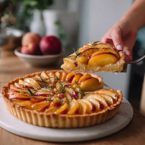 Une personne tire une part de gâteau aux fruits.