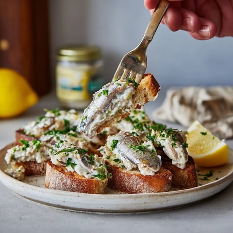 Une personne tire une tranche de pain grillé et ajoute des légumes et des poissons.