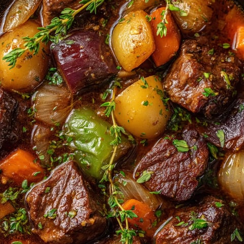 Navarin d'agneau avec des légumes et des herbes.