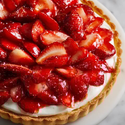 Une tarte aux fraises est servie sur un plateau.