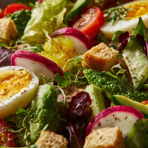 Une salade Niçoise composée de tomates, de concombre, d'avocat, de cresson et de pain grillé.