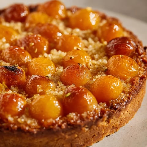 Une tarte aux fruits, principalement des cerises, est servie sur une plaque.