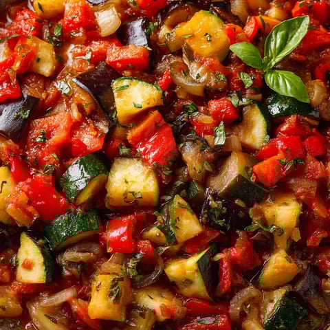 Une ratatouille colorée avec des légumes tels que des aubergines, des poivrons, des tomates et des oignons.