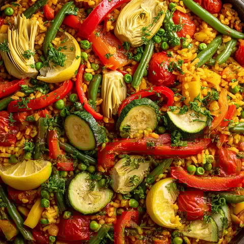 Une paella de verduras avec des légumes tels que des tomates.