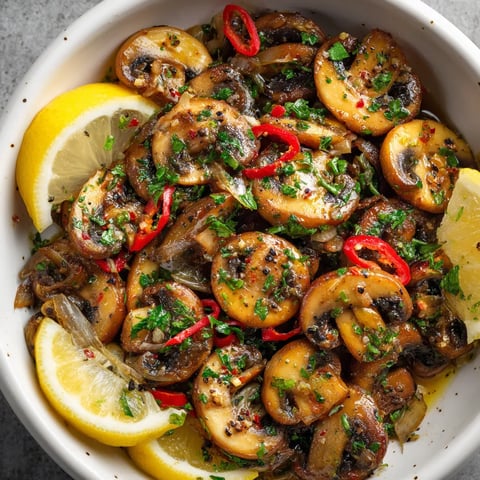 Une assiette de setas al Ajillo (Garlic Mushrooms) avec des légumes et des herbes.