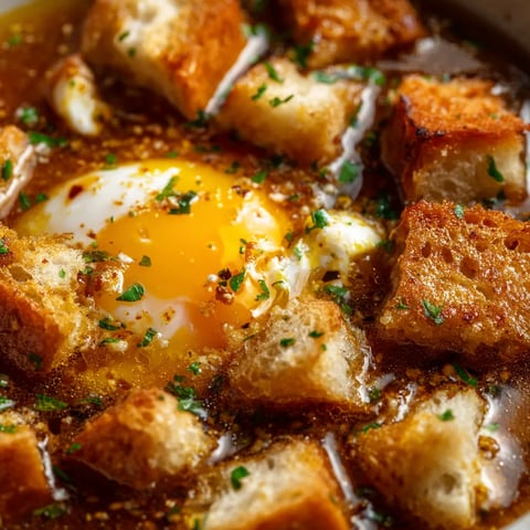 Une image de Sopa Castellana (Castilian Garlic Soup) avec des tranches de pain, des herbes et une omelette.