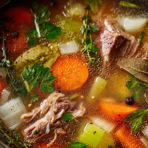 Une soupe de bone broth avec des légumes et des viandes.