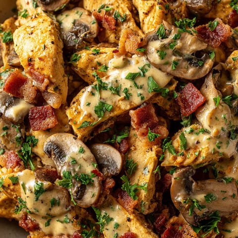 Une assiette de chicken strips avec des champignons, du bacon et du moutarde.