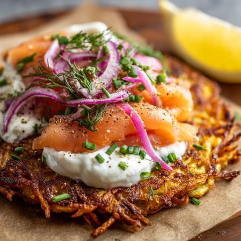 Une assiette de rösti avec du saumon fumé.