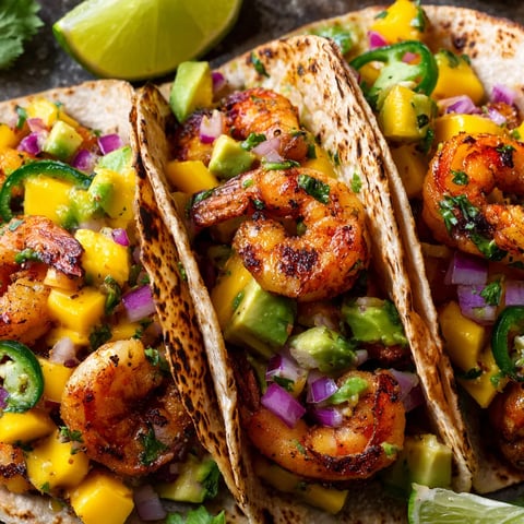 Des tacos de crevettes avec une salsa de mango.