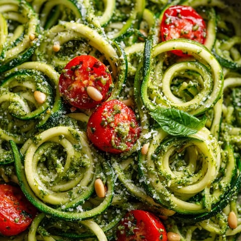 Une assiette de zucchini noodles avec des tomates et du pesto.