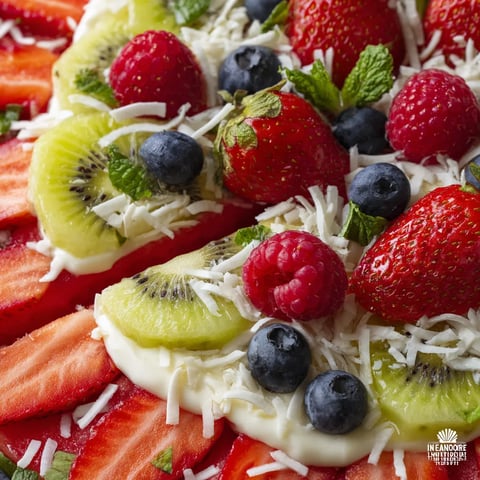Une pizza composée de fruits et de crème.